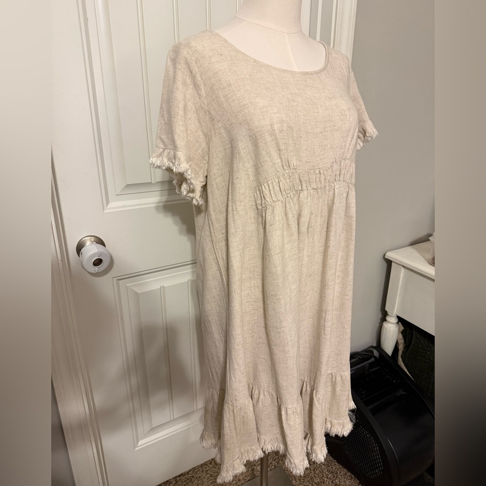 Umgee Linen Short Sleeve Dress with Fringe Details - Picture 3 of 14